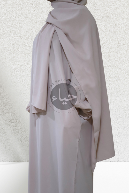 Beige abaya with attached hijab and cuffed sleeves