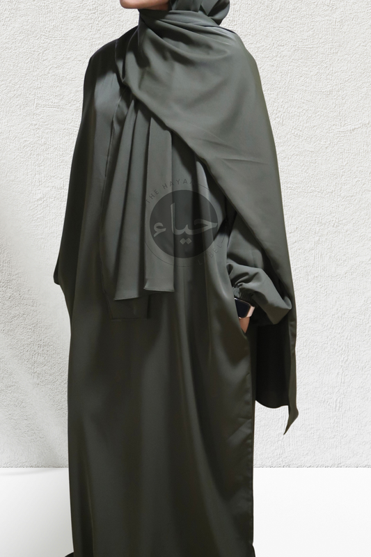 Army green abaya with attached hijab and cuffed sleeves